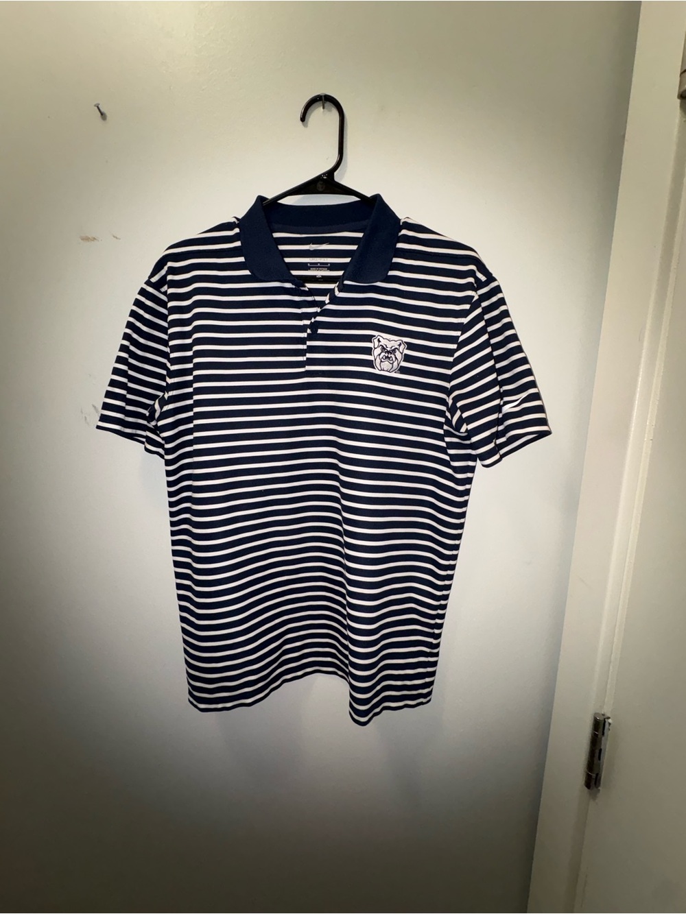 Nike Navy & White Striped Polo with Bulldog Patch